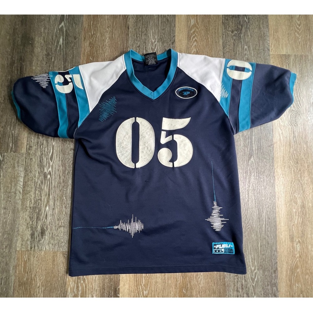 FUBU Jersey Men Large Navy Blue Vintage 90s Streetwear Sport 05 Graphic V-Neck